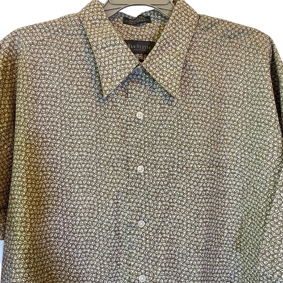Van Heusen Men XL Olive/light tan geometric pattern short sleeve button up Shirt - Picture 3 of 6